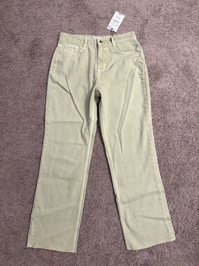 Zara High Rise Pants Women size 8 Light Khaki Straight Leg Raw Cut Hem Jeans